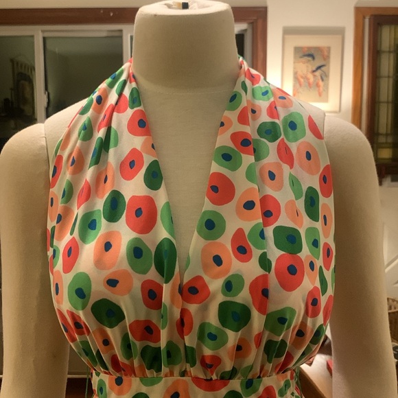 OSCAR DE LA RENTA BOUTIQUE Dresses & Skirts - 70 s OSCAR DE LA RENTA BOUTIQUE TIERED HALTER MAXI DRESS WITH ALLOVER DOTS PRINT